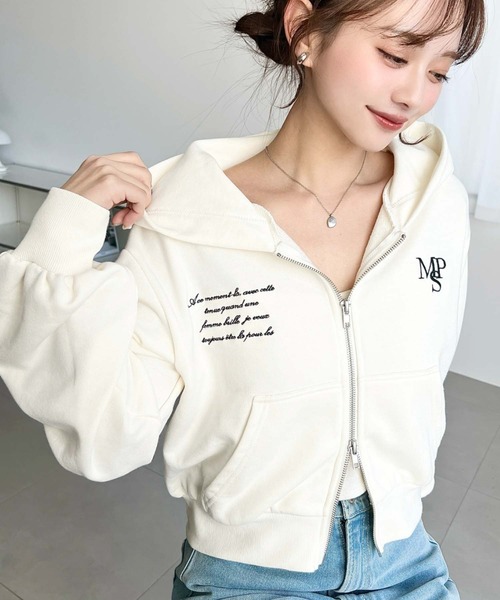moment+ パーカー 裏毛ショート丈ロゴ刺繍ジップアップパーカー