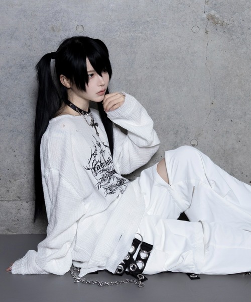 Amilige（アミリージュ） tシャツ クロスロゴプリントダメージガーゼ