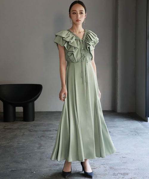 GIRL DRESS FOR NOW ドレス フロントフリルVネック フレア ロング 結婚