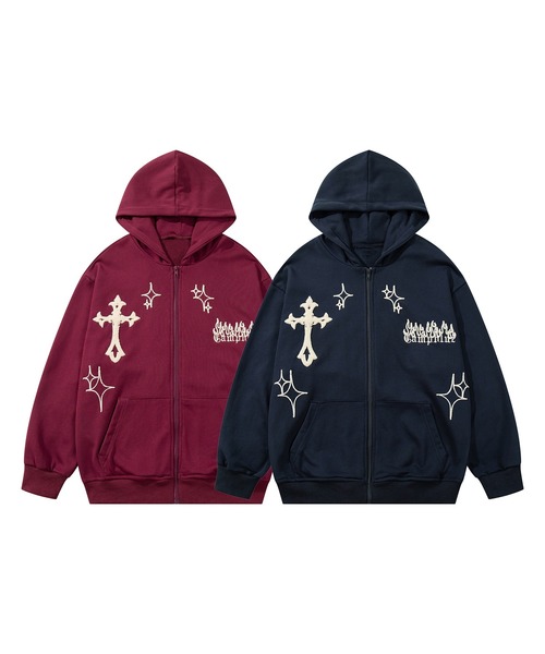 パーカー 「HOOK」クロスと炎刺繍ジップパーカー メンズ レディース