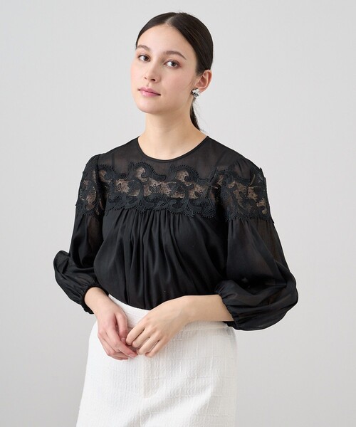 ANAYI（アナイ） ブラウス シャツ ラミーコットンレースギャザー