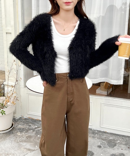 カーディガン ショート丈 モヘアタッチシャギーVネック ニット