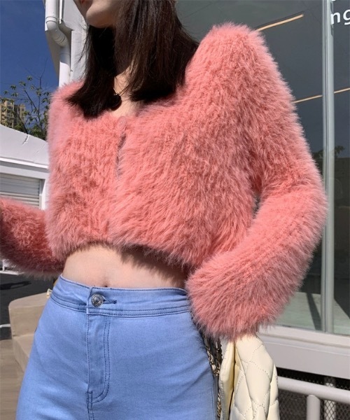 カーディガン ショート丈 モヘアタッチシャギーVネック ニット