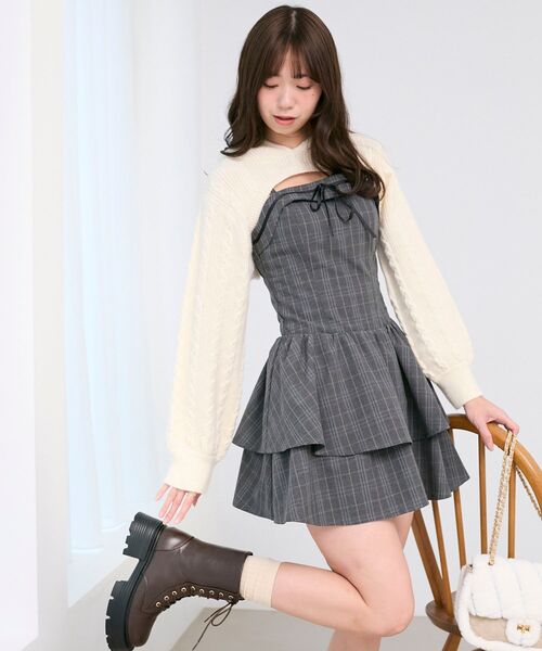 BunnyLis ふわもこボレロ×ストライプミニワンピセット ブラック S