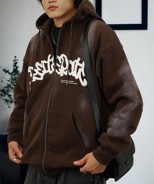 パーカー ワイド ジップパーカー 裏起毛 長袖 グラフィック スウェット