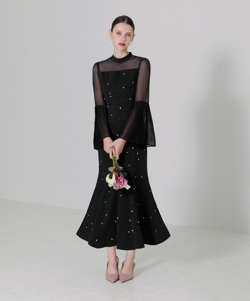 leja黒 フレアスリーブ ビーズ装飾 ドレスSサイズ Leja（レジャ