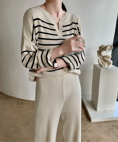 Maison Calme セットアップ 「上下セット」スキッパーボーダーニット