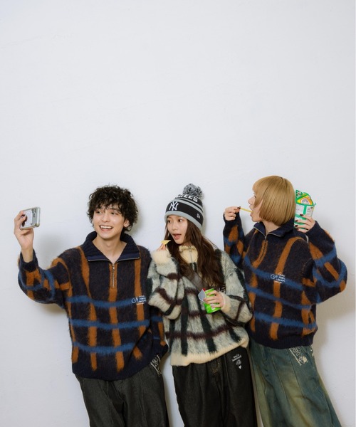 kaoyorinakami セーター ニット check half zip knit / チェックハーフ