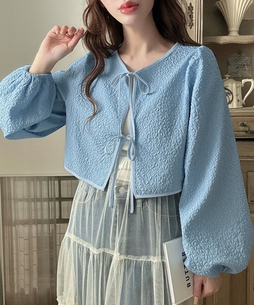 Meiru ブラウス シャツ ジャガードリボントップス レディース