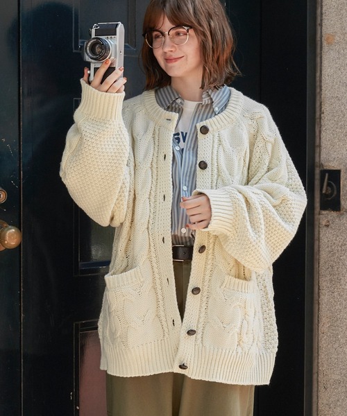 カーディガン フィッシャーマンクルーネックニットカーディガン