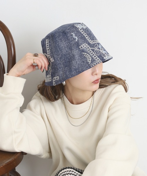 帽子 ハット サイドレース刺繍デニムバケットハット レディース
