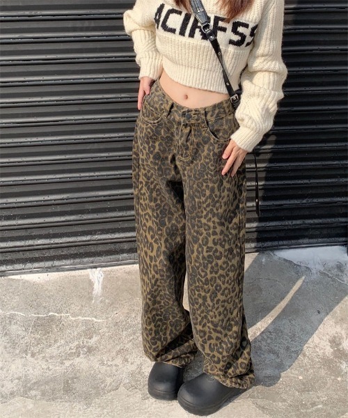 おしゃれスタ ジーンズ デニム デニムパンツ ヒョウ柄ワイドデニム