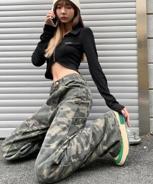 CANVAS+ パンツ 「CANVAS+」迷彩柄ワイドストレートワークパンツ