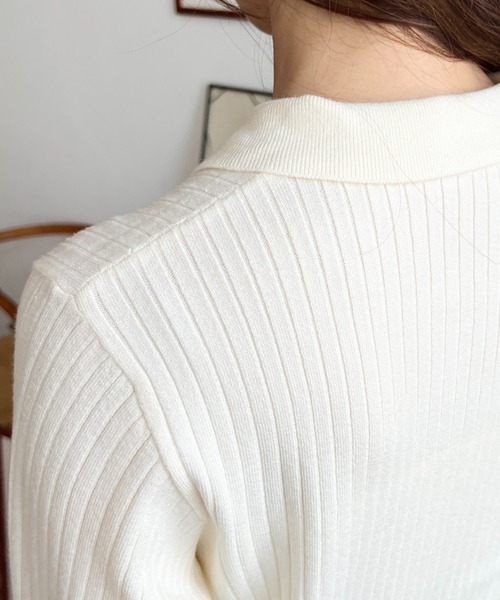 moment+ ニット セーター 刺繍入り衿付きポロニット レディース