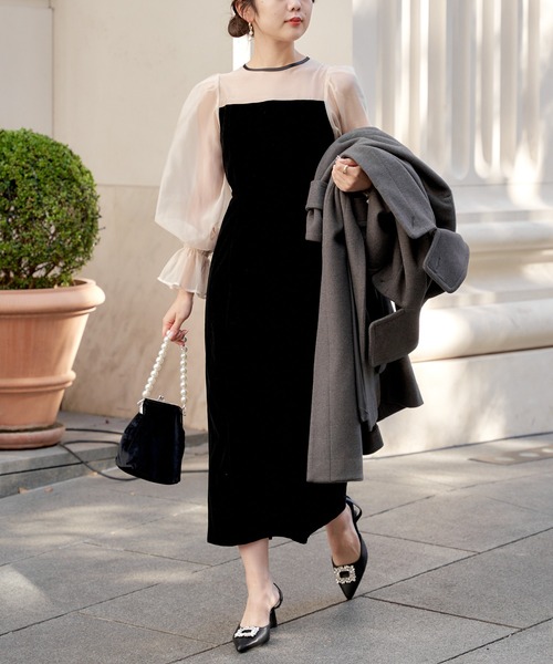 Chico（チコ） ドレス 「2サイズ展開」配色シースルータイトロング