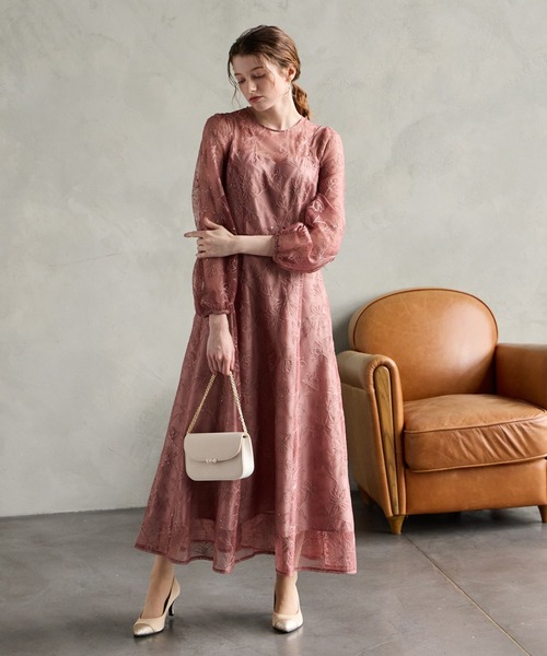 AIMER（エメ） ドレス スパンコールフラワー刺繍ロングスリーブ