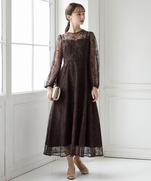 AIMER（エメ） ドレス スパンコールフラワー刺繍ロングスリーブ