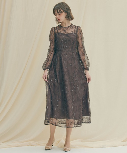 AIMER（エメ） ドレス スパンコールフラワー刺繍ロングスリーブ