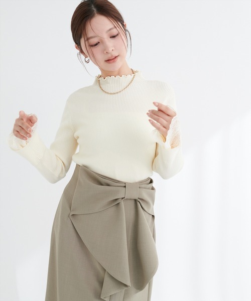 natural couture ニット セーター 袖口レースもちもちリブタートル