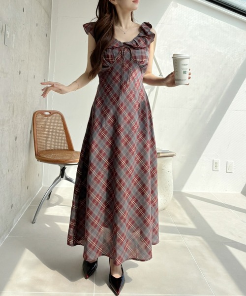 Ada. ワンピース フリルカラー リボン 胸元切り替え チェック フレア