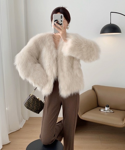 コート アウター ノーカラー ショート丈 フェイクファーコート