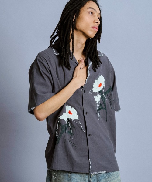 Camphor wood シャツ flower embroidery SAGARA h/s shirt / サガラ花