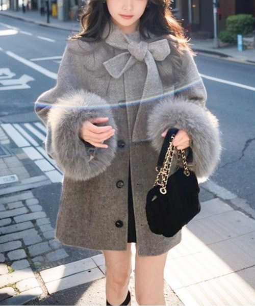 コート アウター ファーカフスリボンネックダブルブレストコート