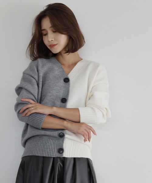 ELFRANK カーディガン 前後2WAYバイカラーニットカーディガン