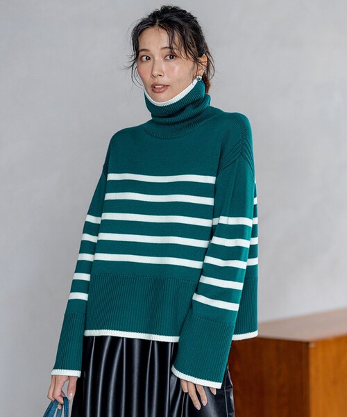 ニット セーター 「洗える」ウールミドルゲージ ボーダー レディース