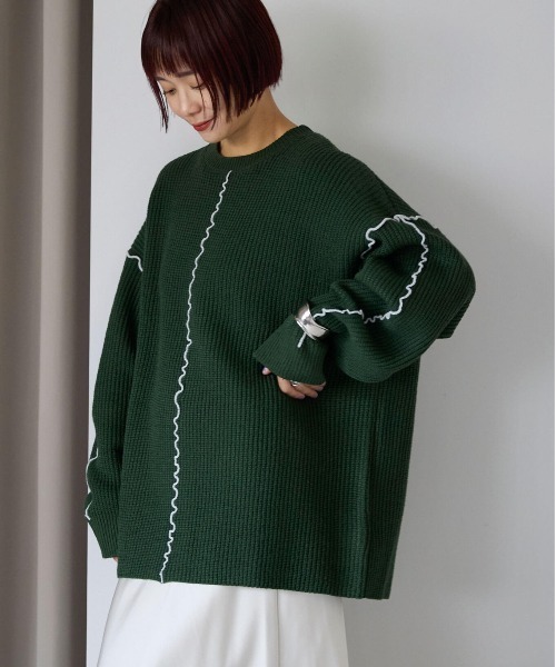 ポケット ニット セーター 配色メロー畦ニットプルオーバー レディース