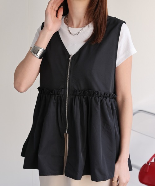 sakishimatokyo ベスト ジレ フロントジップペプラムVネックベスト