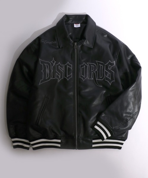 スタジャン フロントロゴ刺繍フェイクレザースタジャン メンズ