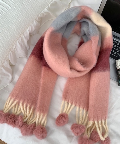 マフラー ストール ポンポン付き マルチボーダーストールマフラー