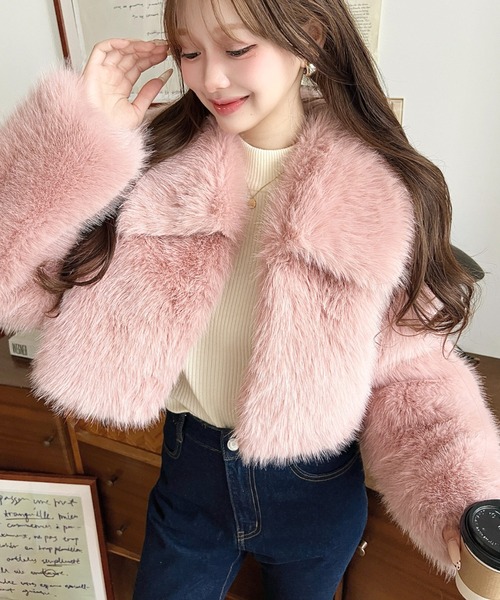 コート アウター ショート丈ビッグカラーフェイクファーブルゾン