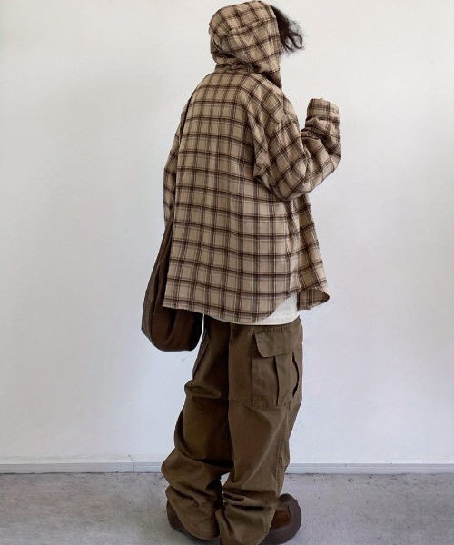 FreeZone パーカー チェック柄フード付きシャツ メンズ レディース