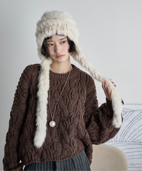 THE Yon ニット帽 ニットキャップ ラビットファー編み込みニット