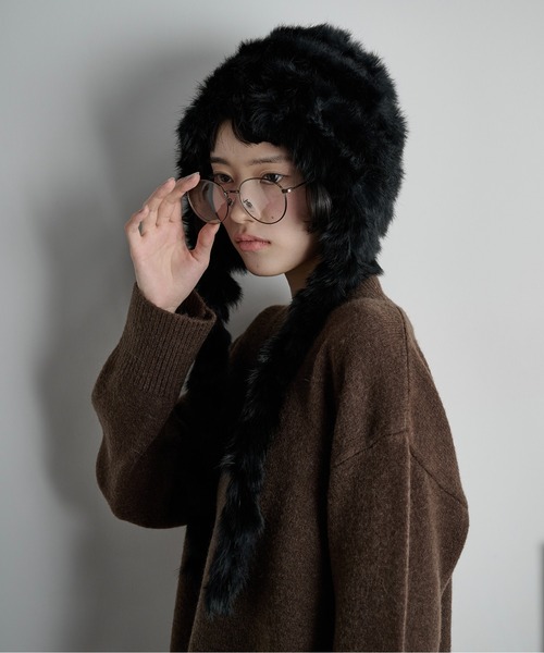 THE Yon ニット帽 ニットキャップ ラビットファー編み込みニット