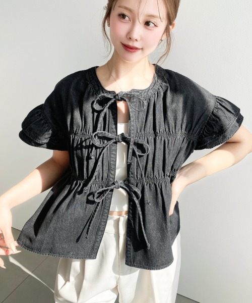 moment+ ブラウス シャツ ライトオンスデニム2WAYシャーリングリボン