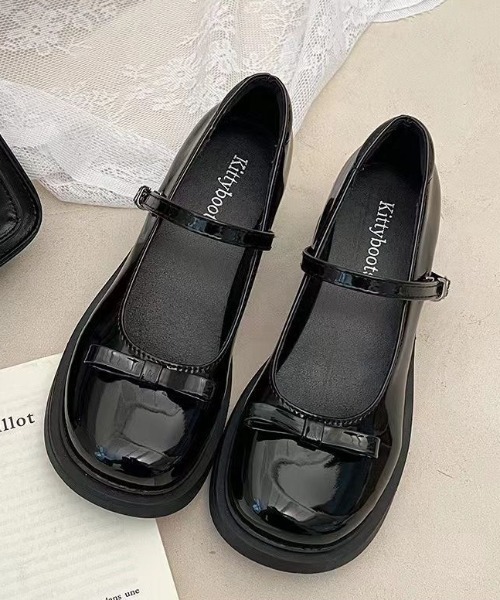 パンプス リボン付きストラップメリージェーン厚底ヒールパンプス