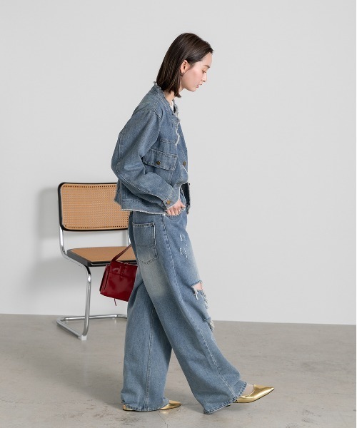 ad thie（アドティエ） デニムジャケット gジャン ノーカラー フリンジ