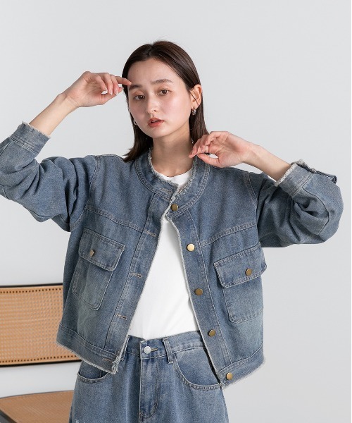 ad thie（アドティエ） デニムジャケット gジャン ノーカラー フリンジ