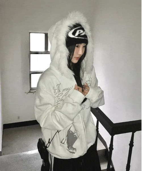 gossip!ロサンゼルス パーカー Y2K 「秋冬新作」ファー付きフード