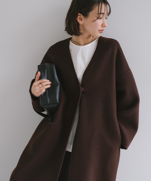 evernavy ノーカラーコート コート ノーカラーリバーロングコクーン