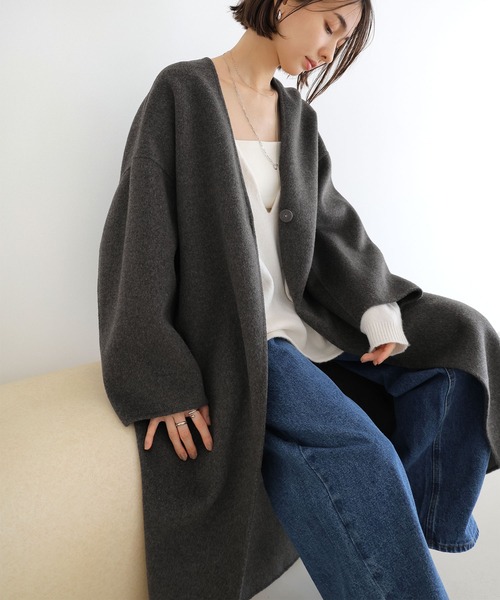 evernavy ノーカラーコート コート ノーカラーリバーロングコクーン