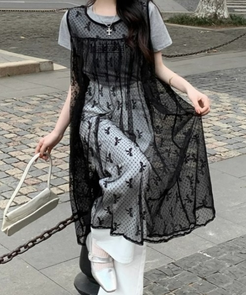 gossip!ロサンゼルス ワンピース Y2K重ね着アイテム リボン柄 キャミ
