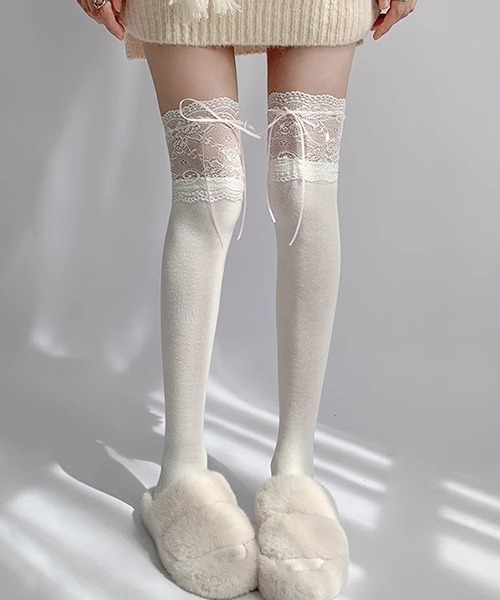 c.u.l 靴下 フラワーレース リボン ニーハイソックス レースソックス