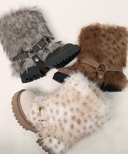 DIAVEL ブーツ 2wayふわもこファー厚底ショートブーツ／スタッズベルト