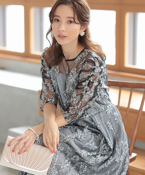 haremode（ハレモード） ドレス 花柄 刺繍 ミディ丈 パーティ