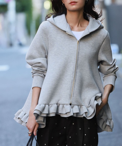 ELFRANK パーカー 裾フリルダンボールニットジップパーカー レディース