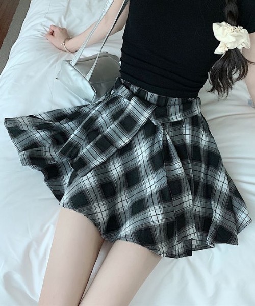 スカート オンブレチェック柄 腰巻きラップ風 フレアミニスカート
